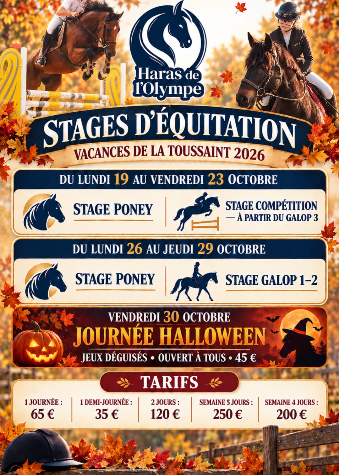 Affiche des stages d'équitation du Haras de l'Olympe — Vacances de la Toussaint 2026 : dates, niveaux et tarifs